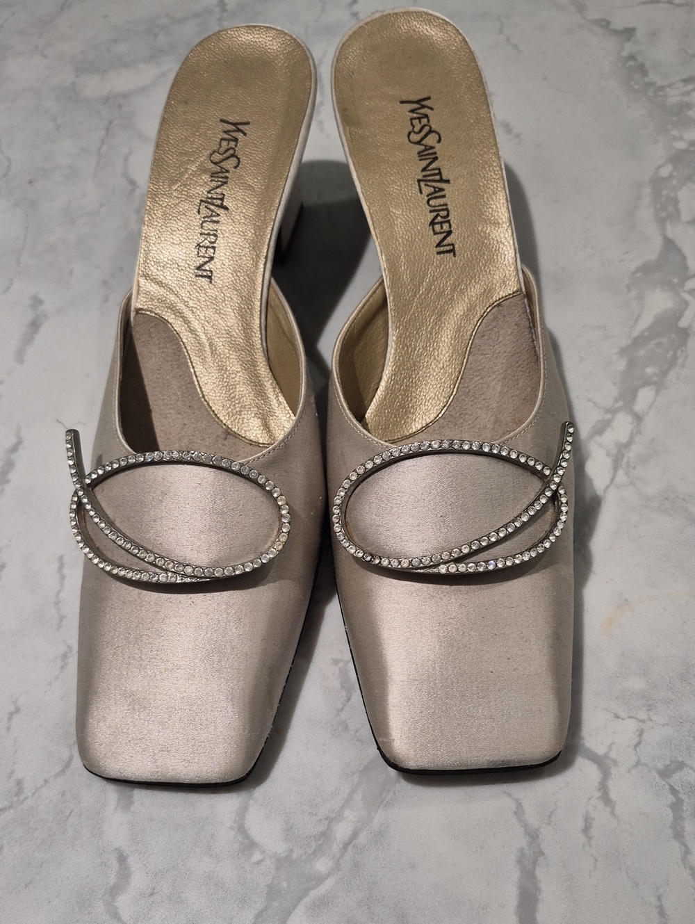 Yves Saint Laurent Silk Crystal-Embellished Mules in Champagne